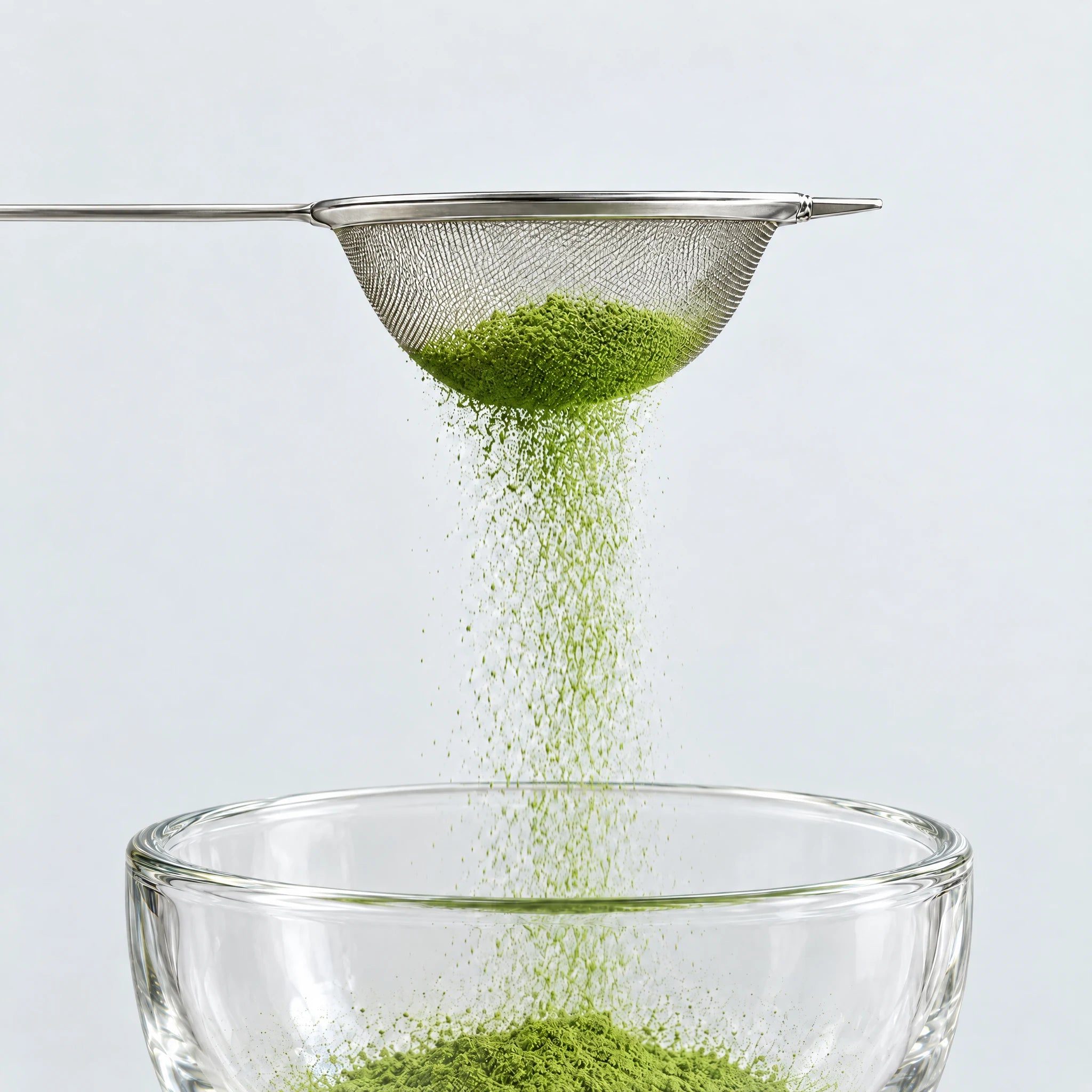 Matcha Si, matchapulver sigtes ned i glasskål